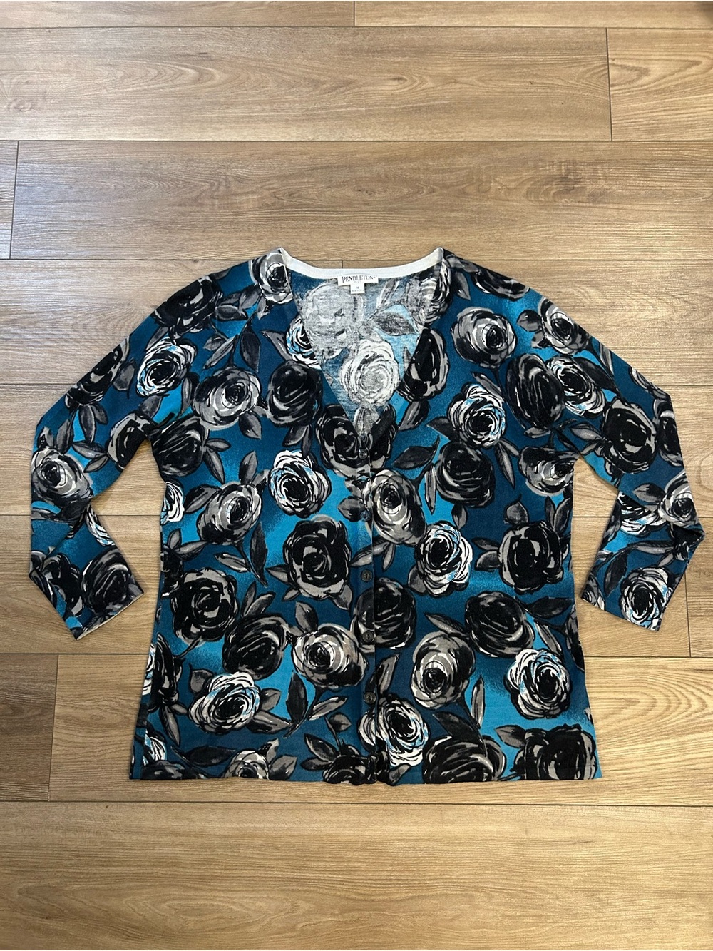 Pendleton Plus 1X Silk Cashmere Floral Cardigan Blue Black Rose Print